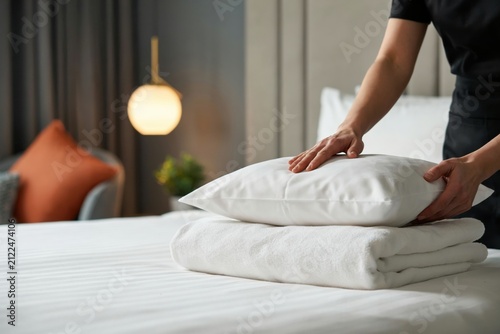 Housekeeper placing a pillow on a bed. Concept for luxury hotel services.