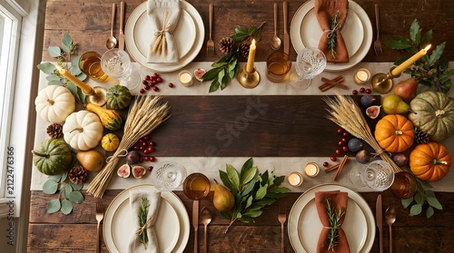Festive thanksgiving dinner table setting with pumpkins gourds and autumn decorations for a holiday celebration overhead view