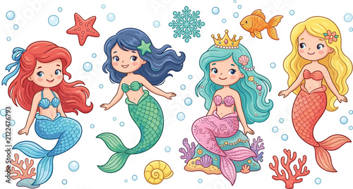 Cute Little Mermaid Princess Set with Underwater Sea Elements Fish Starfish Coral and Bubbles for Kids Birthday Baby Shower and Fantasy Nursery Decor