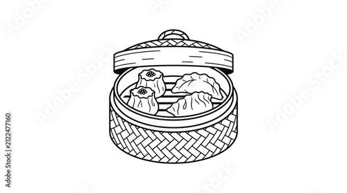 A hand drawn illustration of a traditional bamboo steamer basket containing dim sum dumplings.
