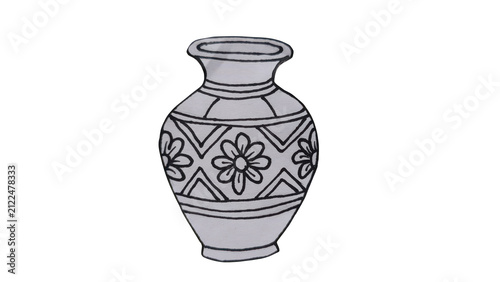 Hand drawn floral ceramic vase isolated on transparent background