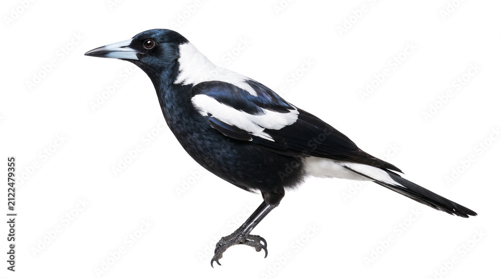 Fototapeta premium Australian magpie bird isolated on white background, black and white plumage of gymnorhina tibicen, wild songbird profile for nature design