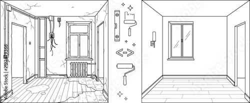 Room renovation vector set representing old messy apartment before and after clean modern remodel