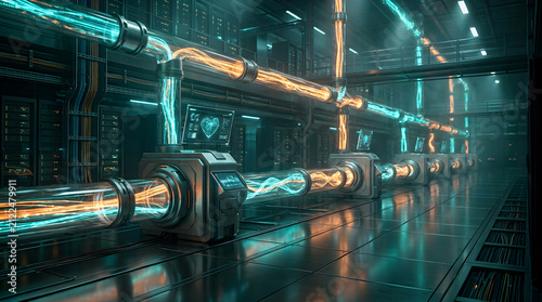 Futuristic Data Pipeline Streaming Through High Tech Server Racks Inside Modern Data Center Network Facility