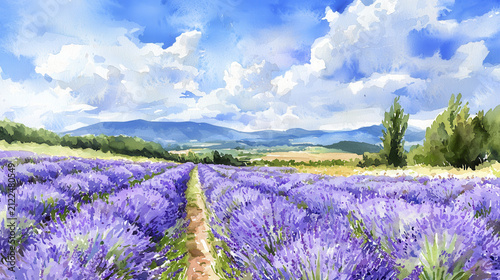 Vibrant watercolor painting of lavender field bright blue sky, showcasing rolling hills and fluffy clouds. scene evokes