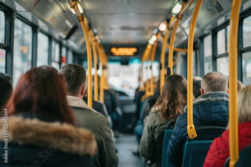 Commuters sitting on a city bus. Travel and public transport concept.