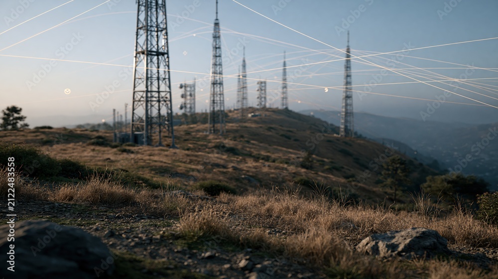 Obraz premium Communication towers connected by glowing lines across mountain valley