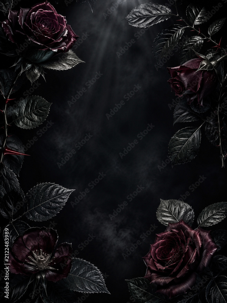 Obraz premium Dramatic Dark Rose Frame with God Rays, Red Thorns, and Misty Black Background