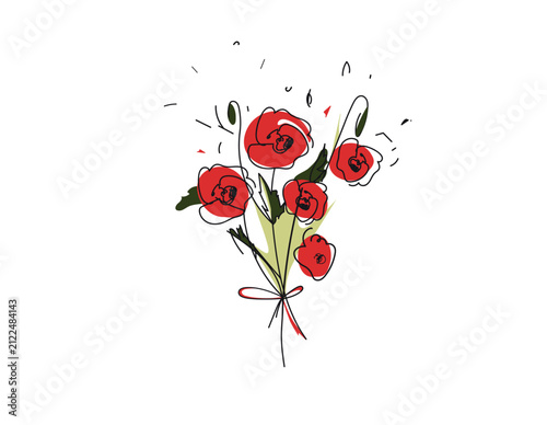 Hand drawn vector illustration of a red poppy bouquet. Bold and dynamic floral concept for florist, cosmetic packaging, Remembrance day campaigns or t-shirt prints.