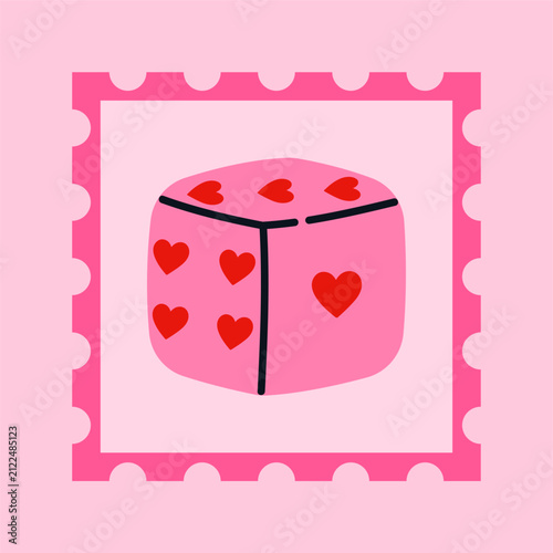 Postage stamp with dice with heart-shaped symbols. Cute Valentine's Day stamp design. Romantic postal sticker. Love themed philatelic. Vector illustration in flat cartoon style