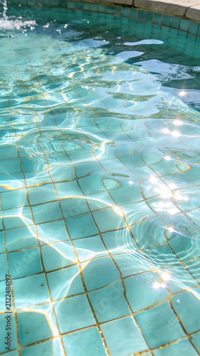 Clear swimming pool water with sunlight caustics reflecting over tiled pool bottom
