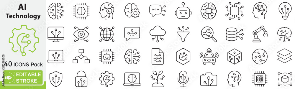 Fototapeta premium AI Technology Outline Icons Set-40 Modern Artificial Intelligence, Machine Learning, Neural Network, Robotics & Automation Line Symbols Collection