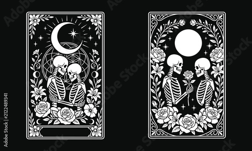 Detailed skeleton lovers tarot card vector illustration featuring romantic gothic skeletons surrounded by ornate floral patterns and celestial moon phases for design