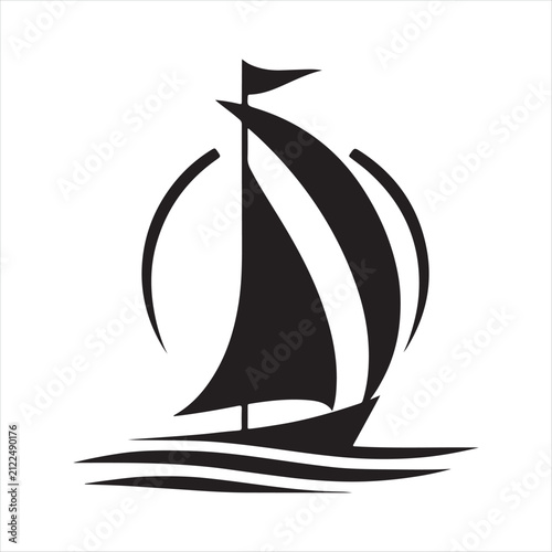 Sailboat leaning into wind, sail curved vector silhouette line art logo design concept illustration idea