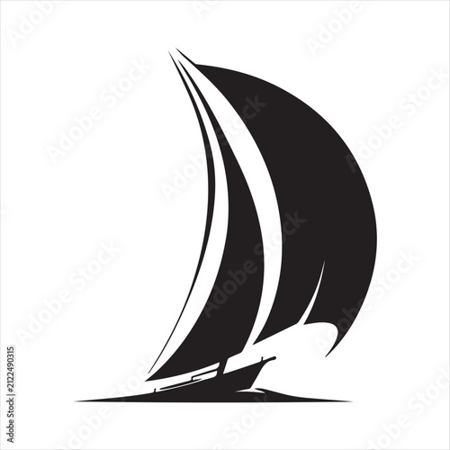 Sailboat leaning into wind, sail curved vector silhouette line art logo design concept illustration idea