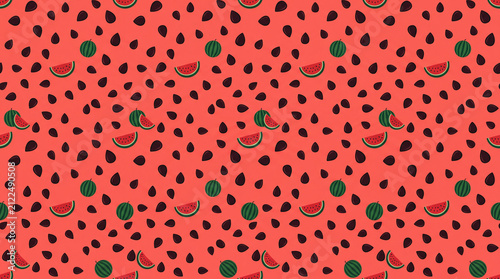 Colorful seamless pattern featuring watermelon slices and black seeds on a vibrant coral background