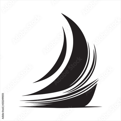 Sailboat leaning into wind, sail curved vector silhouette line art logo design concept illustration idea