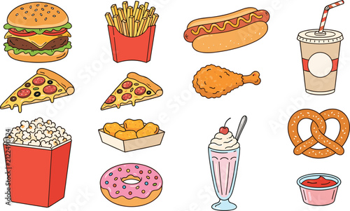 Quadro su tela Delicious Fast Food Vector Clipart Set Featuring Hamburger French Fries Pizza Ho