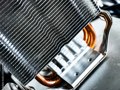 CPU Heatsink Cooling Fins with Copper Heat Pipes Close-Up, Computer Hardware Component Detail