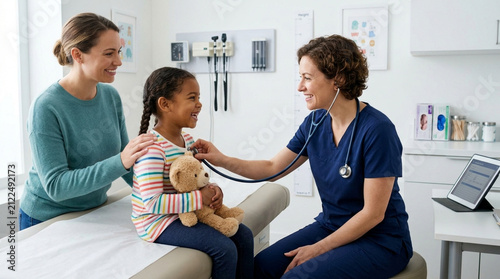 Pediatrician examines happy child with mother during medical checkup