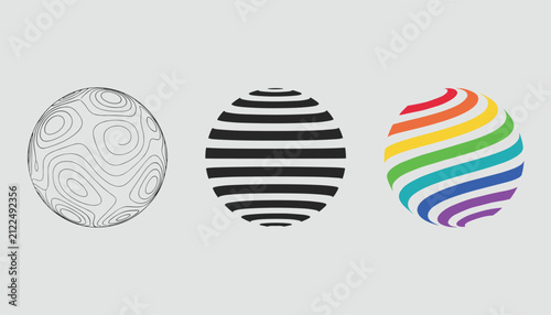 Three abstract spheres featuring different patterned designs including contour lines horizontal stripes and rainbow bands.