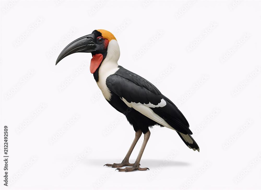 Obraz premium Black and white hornbill bird standing isolated on white background