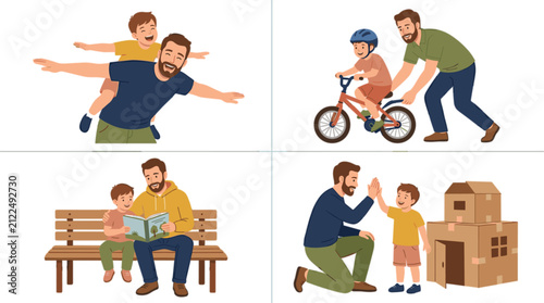 Happy father and son activity set vector illustration flat cartoon collection isolated on white background for family concepts