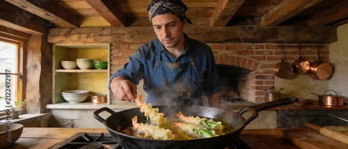 Panel kuchenny z motywem Chef cooking tempura shrimp and vegetables in a rustic kitchen with a wok