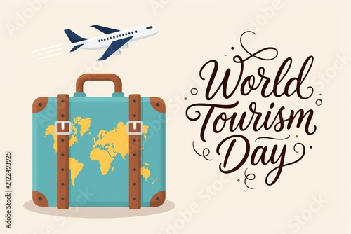 World Tourism Day concept illustration with suitcase. Ideal for travel ads.