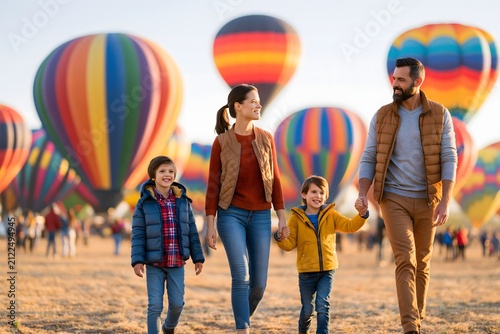 family walking through the balloon launch field surrounded by colorful hot air balloons, smiling children, festive atmosphere, golden sunrise, unforgettable outdoor event, travel lifestyle photography
