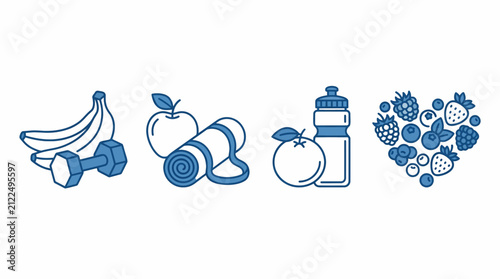 Healthy Lifestyle Icons: Fitness, Nutrition, Hydration and Heart Health