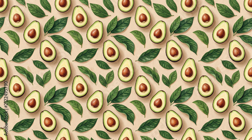 Seamless pattern of avocado halves with leaves on a light background, representing freshness and health