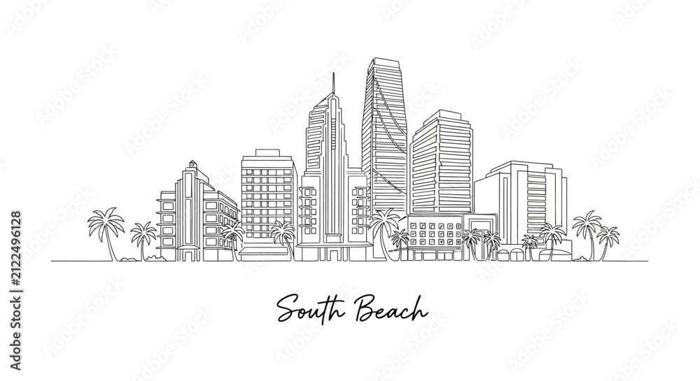Obraz premium South Beach Skyline Sketch: Modern Architecture and Palm Trees in Vector Art