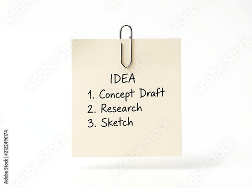 Sticky note with the word idea and a numbered list isolated on white background