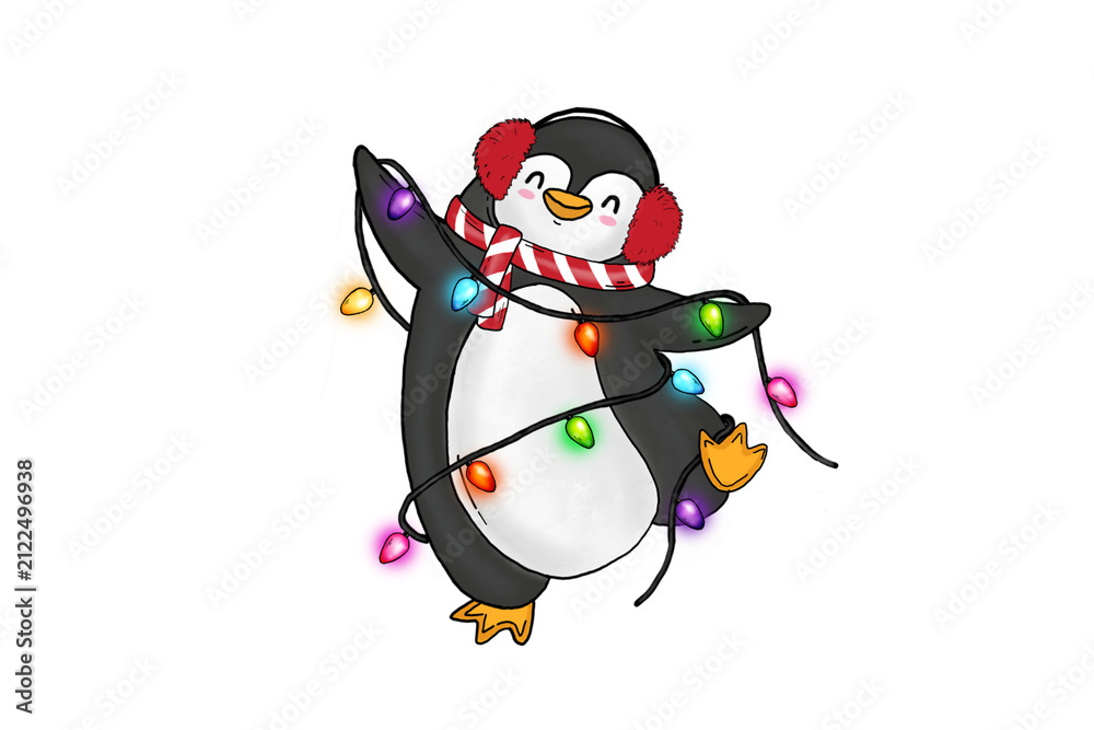 Obraz premium Cute Winter Penguin Wearing Earmuffs Tangled in Glowing Colorful Christmas Lights Art Sublimation Design