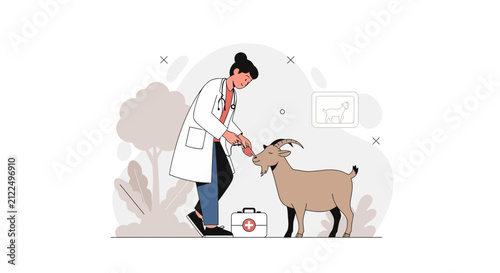 Veterinarian caring for goat, medical aid, animal health concept