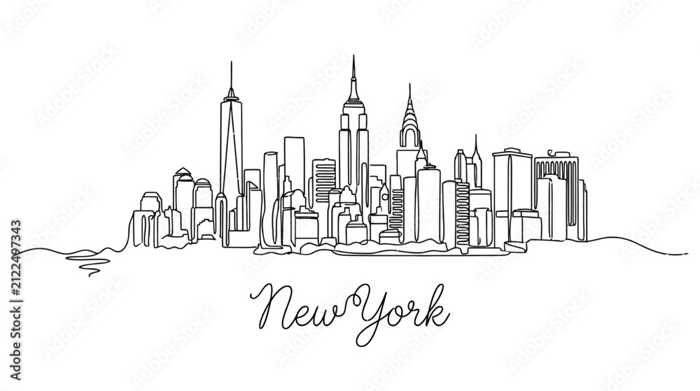 Fototapeta premium New York City Skyline, Continuous Line Drawing, Iconic Architecture