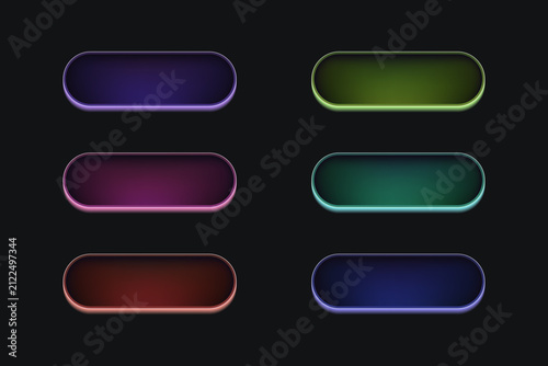 A set of colored glowing buttons on a black background. 