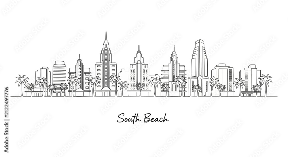 Obraz premium South Beach Miami Skyline Line Art Illustration with Palm Trees