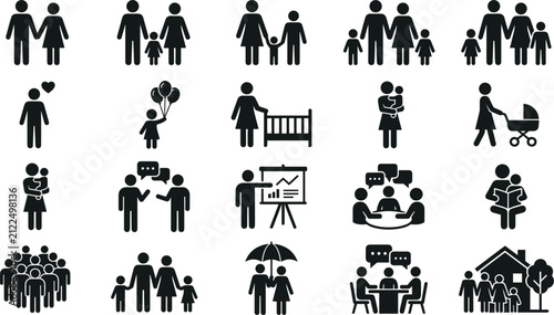 Family members parenthood and corporate community social gathering pictograms showing parents children meeting and lifecycle icon elements