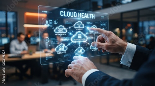 Businessman interacting with holographic cloud health interface for medical data patient portals, for digital transformation modern healthcare smart medicine