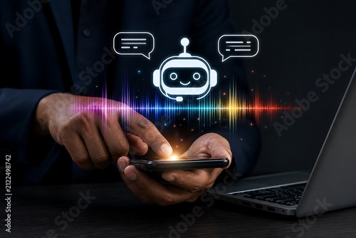 Businessman using smartphone with friendly chatbot hologram and laptop on dark desk
