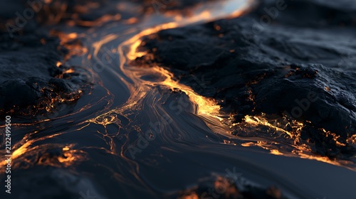 Molten lava flowing over volcanic rock surface.