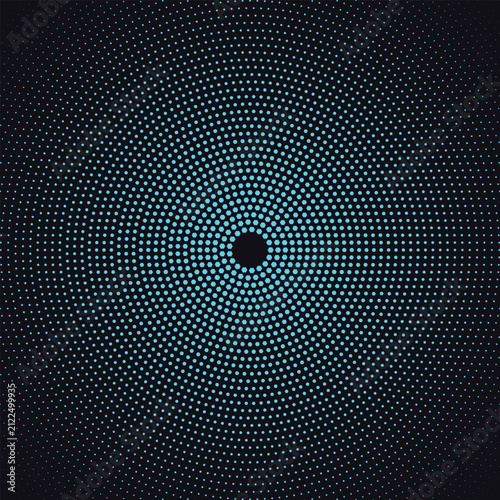Abstract blue radial halftone dot pattern on dark background. Creative digital circular technology background design