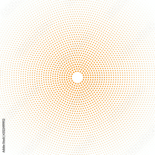 Orange halftone dot pattern vector background with abstract radial circle design and sunburst burst effect