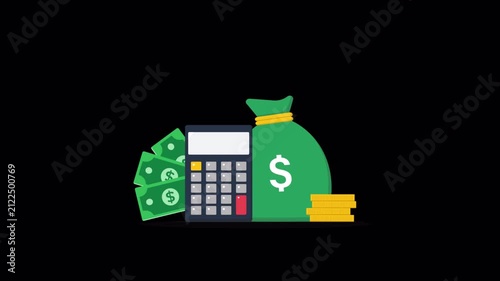 Animated Calculator with Money Bag and Cash Stacks - Transparent