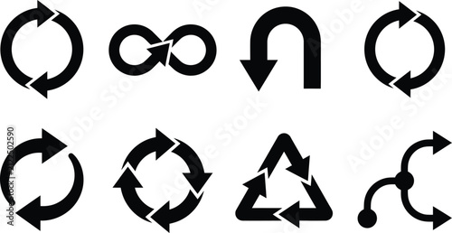 Foto Circular arrow symbols and infinity loop shapes in a black silhouette style on a