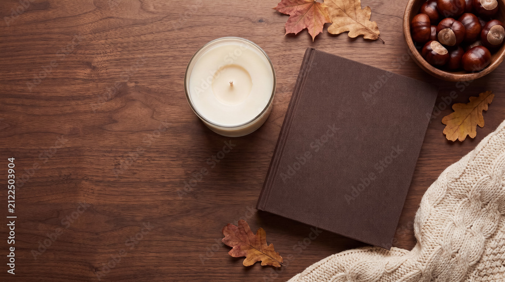 Fototapeta premium Autumn comfort concept with book, candle, chestnuts, and warm sweater on dark wood background