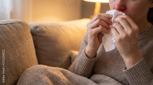 Woman blowing nose with tissue, experiencing cold or allergy symptoms while resting on a couch at home