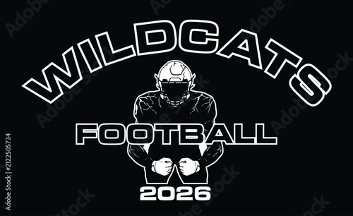 Wildcats Football 2026 is a very unique design for your football team that includes text and graphic of a football player. Great for shirts and promotions.